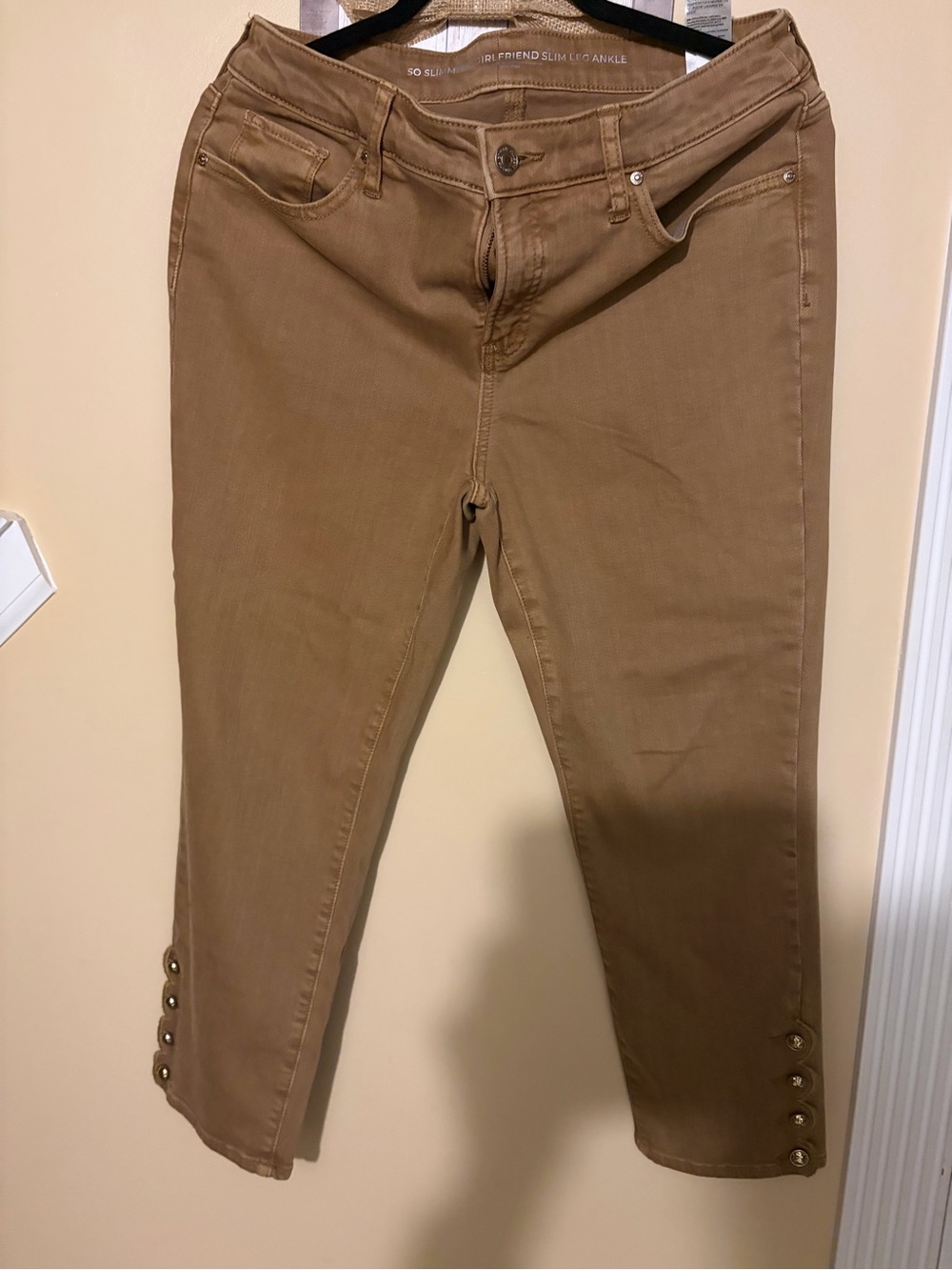 Chico's Slim Ankle Jeans in Camel Brown with Button Hem